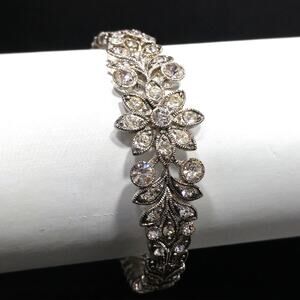 Vintage Rhinestone Faux Marcasite Floral Bracelet Silver Tone